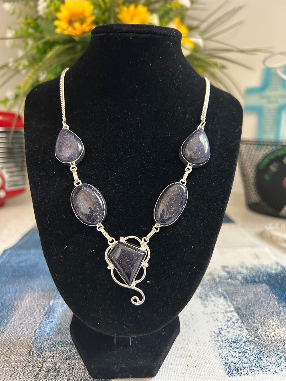 Sterling Silver Blue Sunstone Gemstone Necklace.